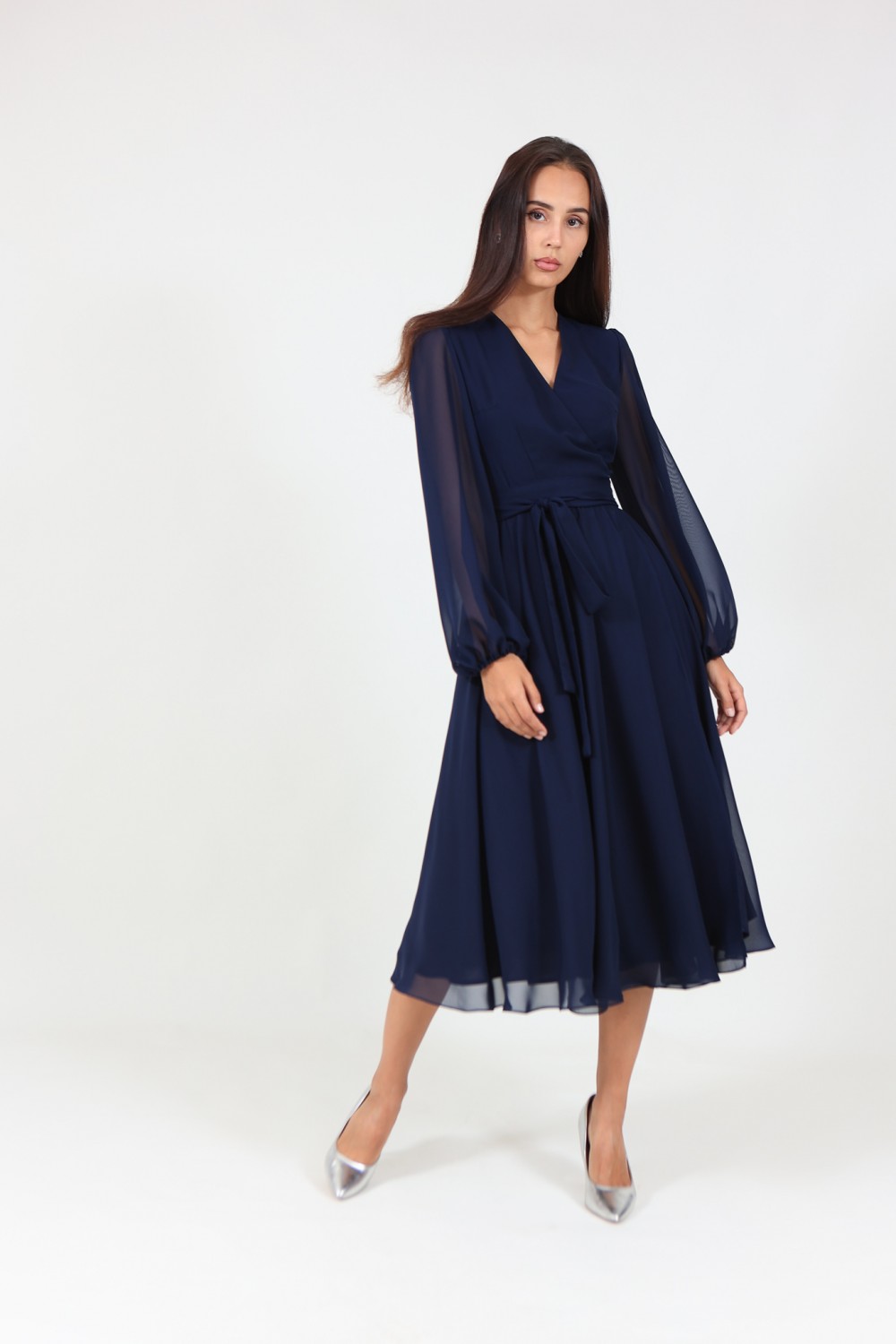Платье с запахом из шифона миди (темно-синее) - фото