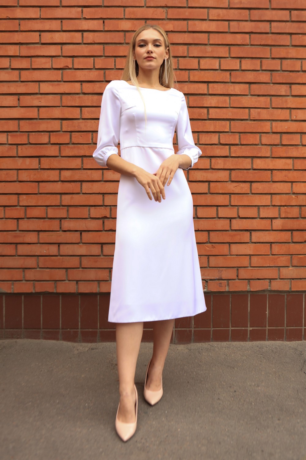 Коктейльное платье миди из атласа (Белое)  - фото