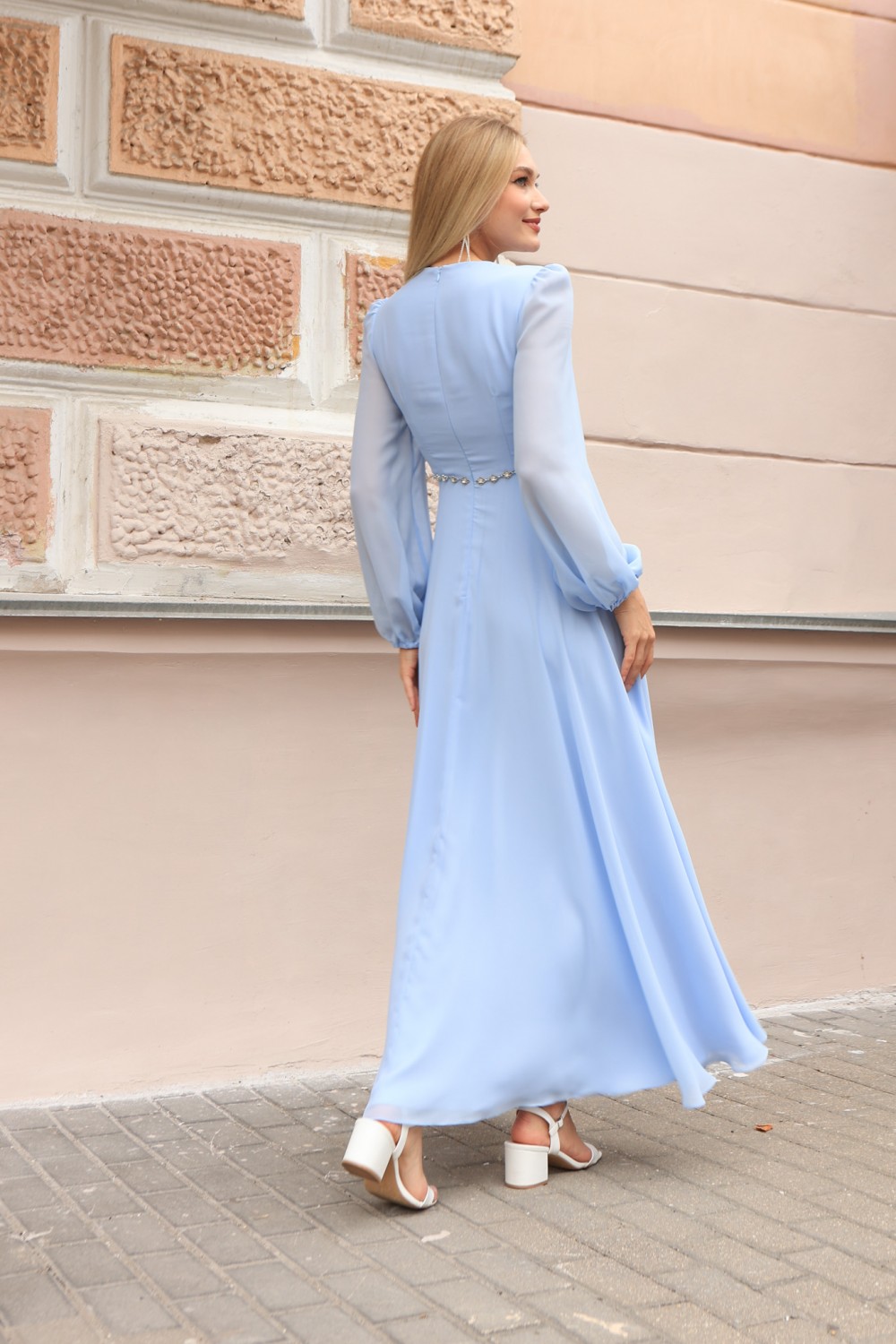 Шифоновое платье макси c рукавом (Голубое) - фото