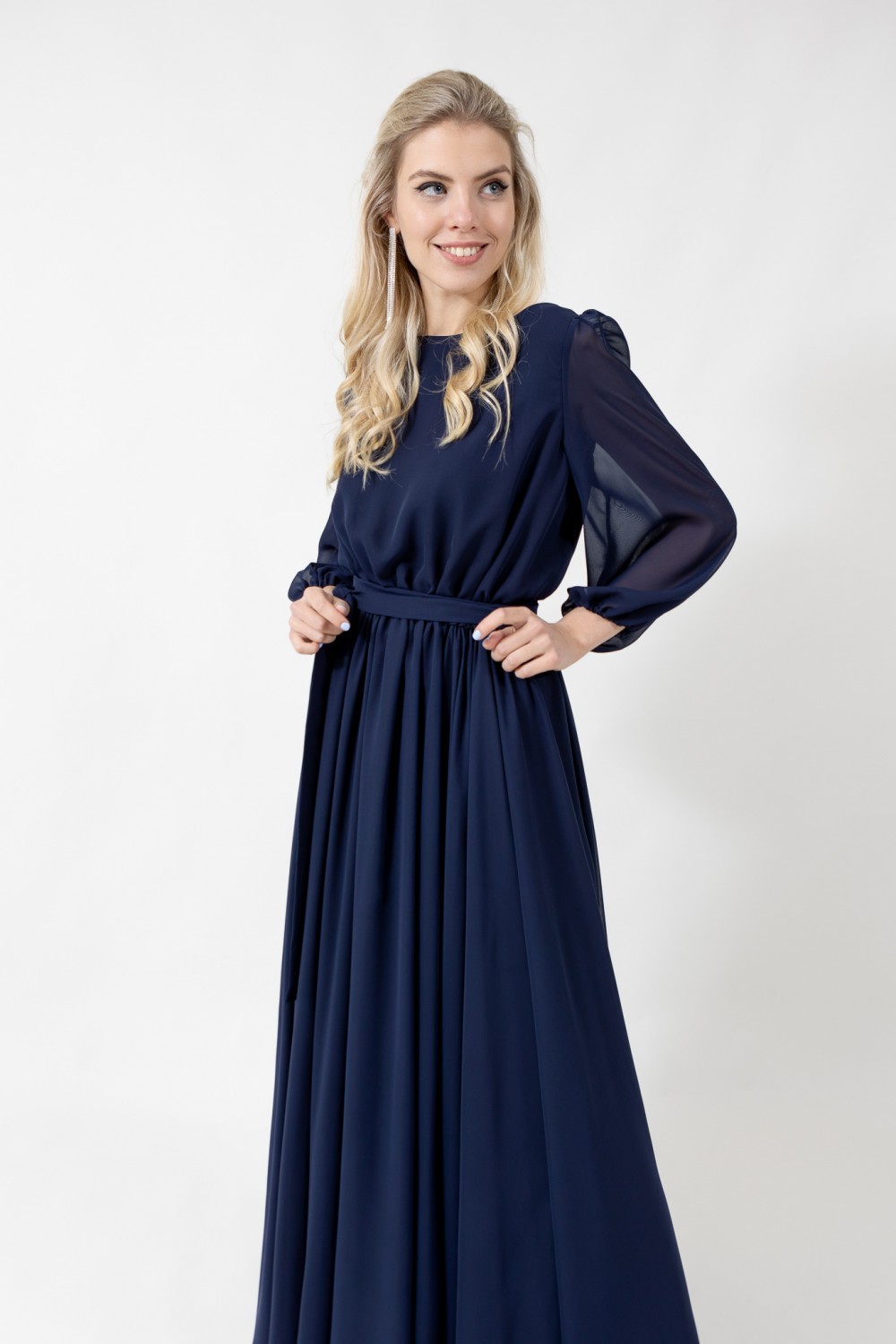 Шифоновое платье свободного кроя (Темно-синее)   - фото