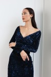  Мини платье с из бархата с пайетками (Темно-синее) - фото 